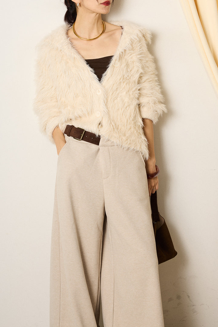 [SET]襟付きシャギーニットカーディガン+サイドベルトパンツ(2set)