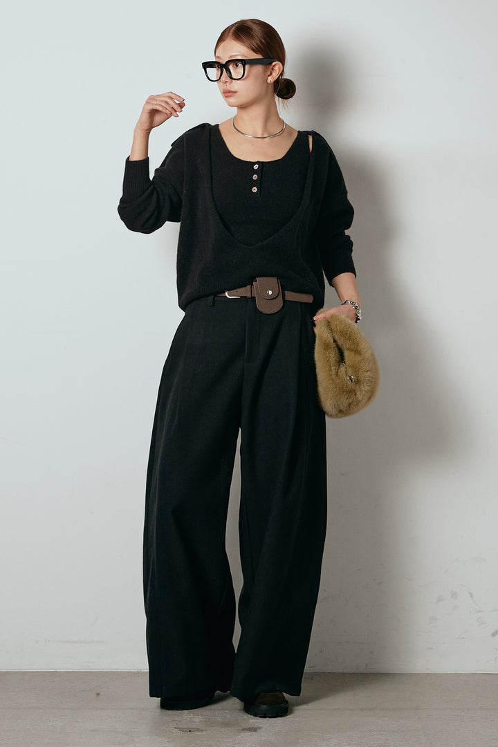 [SET]襟付きレイヤードニットトップス+ポーチベルト付きカーブパンツ(2set)