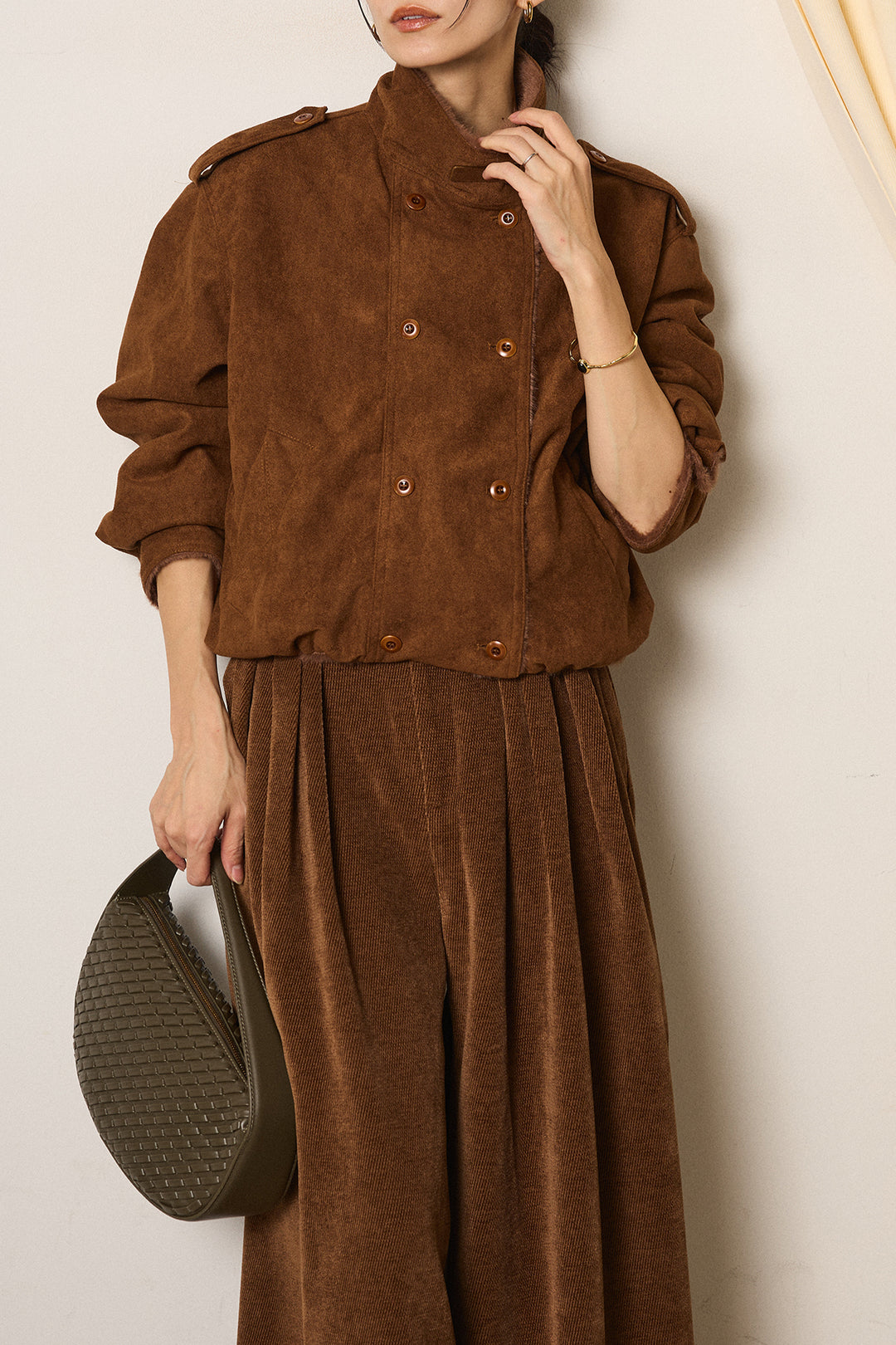 [SET]スタンド襟スウェードライクアウター+ベルトループコーデュロイワイドパンツ(2set)