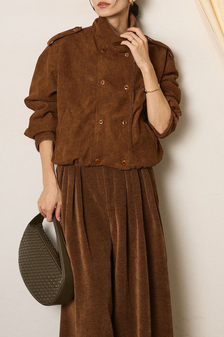 [SET]スタンド襟スウェードライクアウター+ベルトループコーデュロイワイドパンツ(2set)