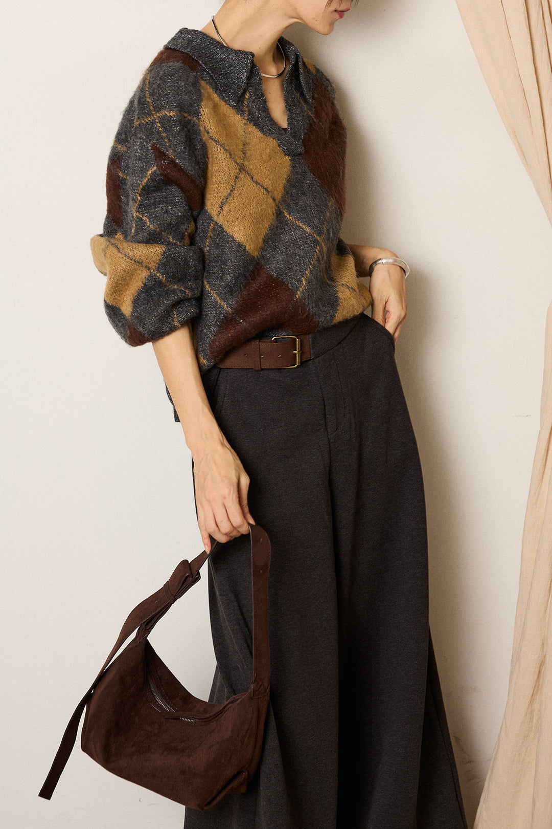 [SET]アクリルモヘアアーガイルキーネックプルオーバー+サイドベルトパンツ(2set)