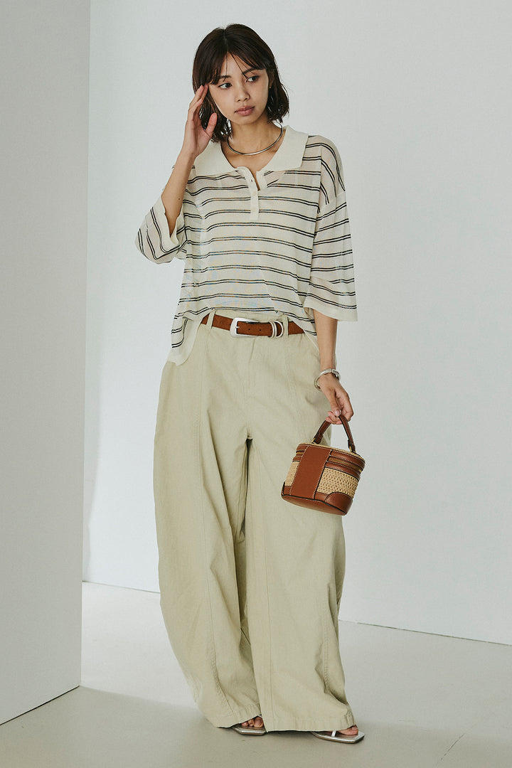 [SET]ボーダーニットポロシャツ+サイドベルトカーブワイドパンツ(2set)