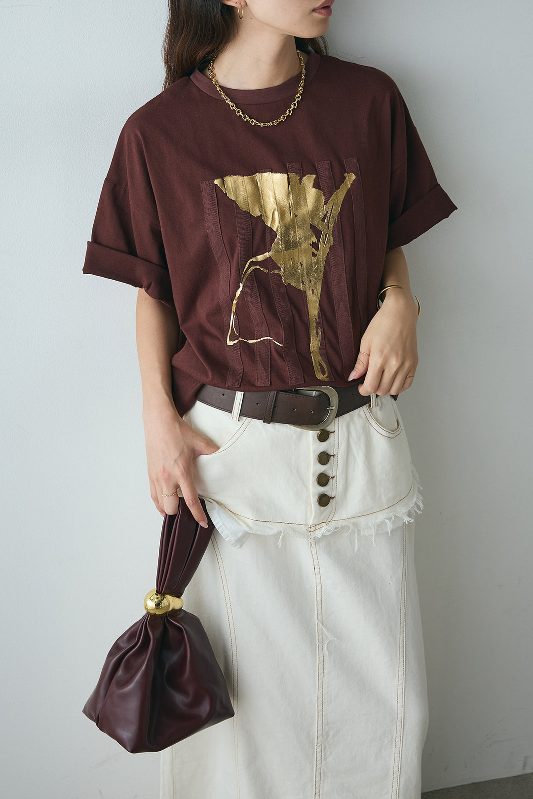[SET]ニュアンス箔プリントTシャツ+レイヤードデザインワイドスカート(2set)