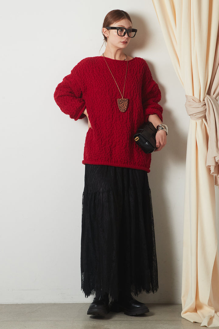 [SET]ボリューム編みニットプルオーバー+ひげレース切替ロング丈スカート(2set)