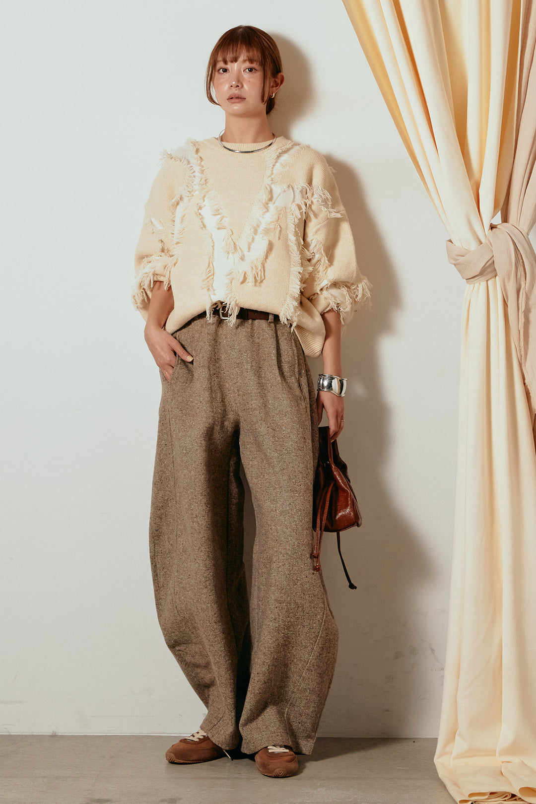 [SET]シャギージャガードニットトップス+ベルト付きネップツイードカーブパンツ(2set)