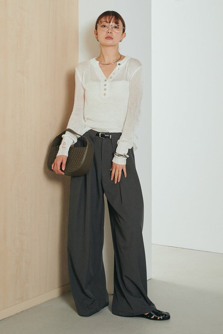 [SET]ヘンリーネックダメージニットプルオーバー+ビックベルトループタックベルト付きワイドパンツ(2set)