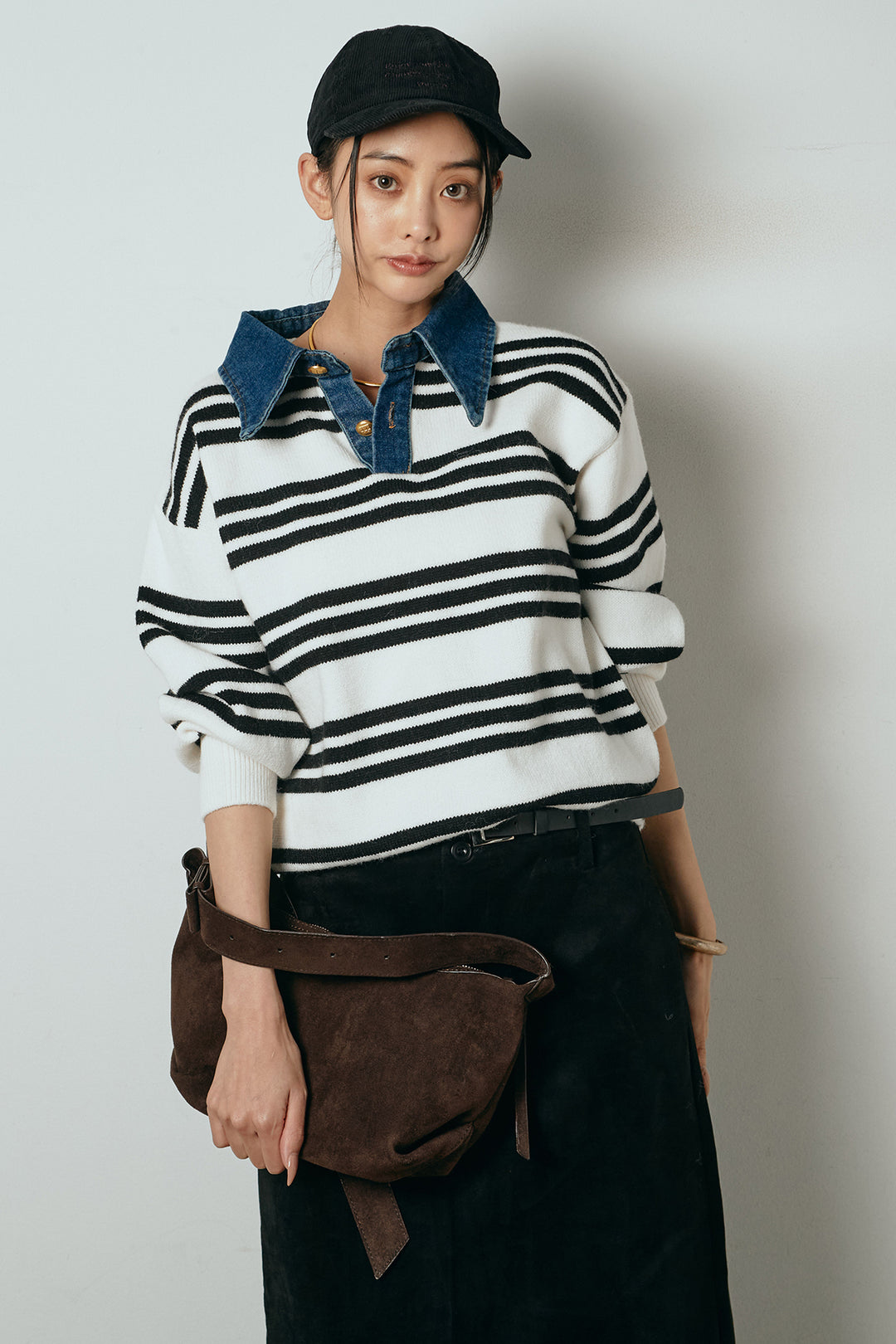 [SET]デニムレイヤード風ランダムボーダーニットプルオーバー+エコスウェードワイドスカート(2set)