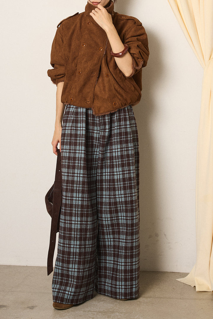 [SET]スタンド襟スウェードライクアウター+スタッズデザインベルトタータンチェックパンツ(2set)