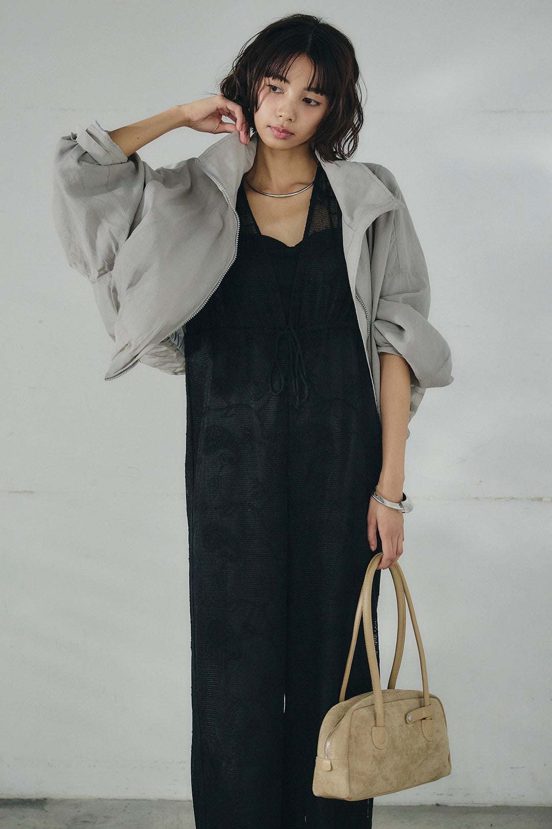 [SET]スタンドネックシアーブルゾン+レースサロペット(2set)