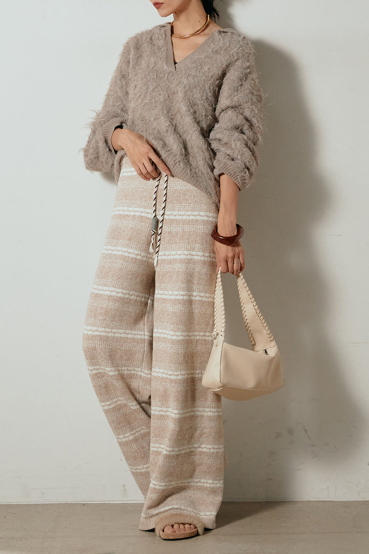 [SET]襟付きシャギーニットポロトップス+マルチライン柄リラックスニットパンツ(2set)