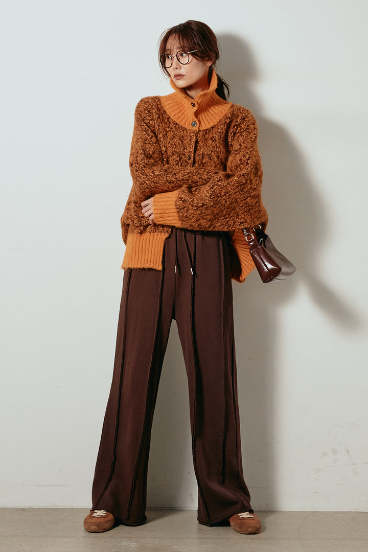 [SET]ハイネックミックスニットトップス+フロントラインデザインワイドスウェットパンツ(2set)