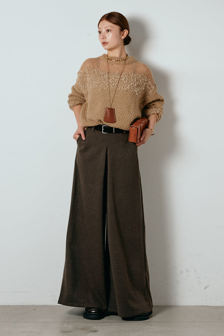 [SET]パターンランダム編みニットトップス+ベルト付きフロントタックデザインパンツ(2set)