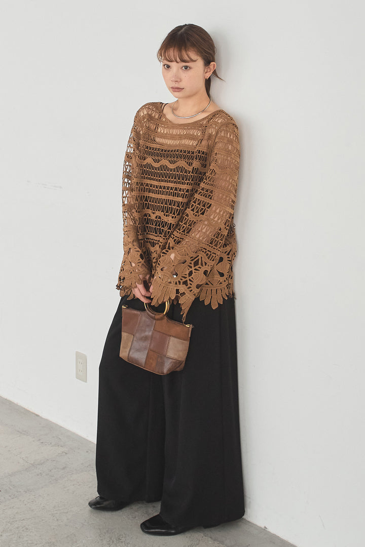 [SET]裾デザインメッシュプルオーバー+ベルト付きツータックワイドパンツ(2set)