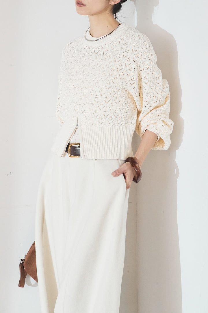 [SET]透かし編みニットジップスリットプルオーバー+ウールタッチカーブワイドパンツ(2set)