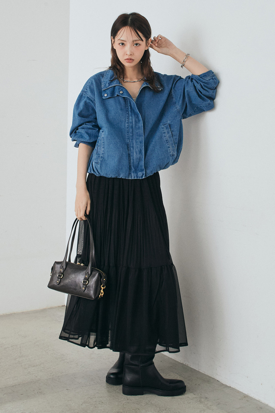 [SET]スタンドカラーデニムブルゾンジャケット+ボリュームシルエットチュールスカート(2set)