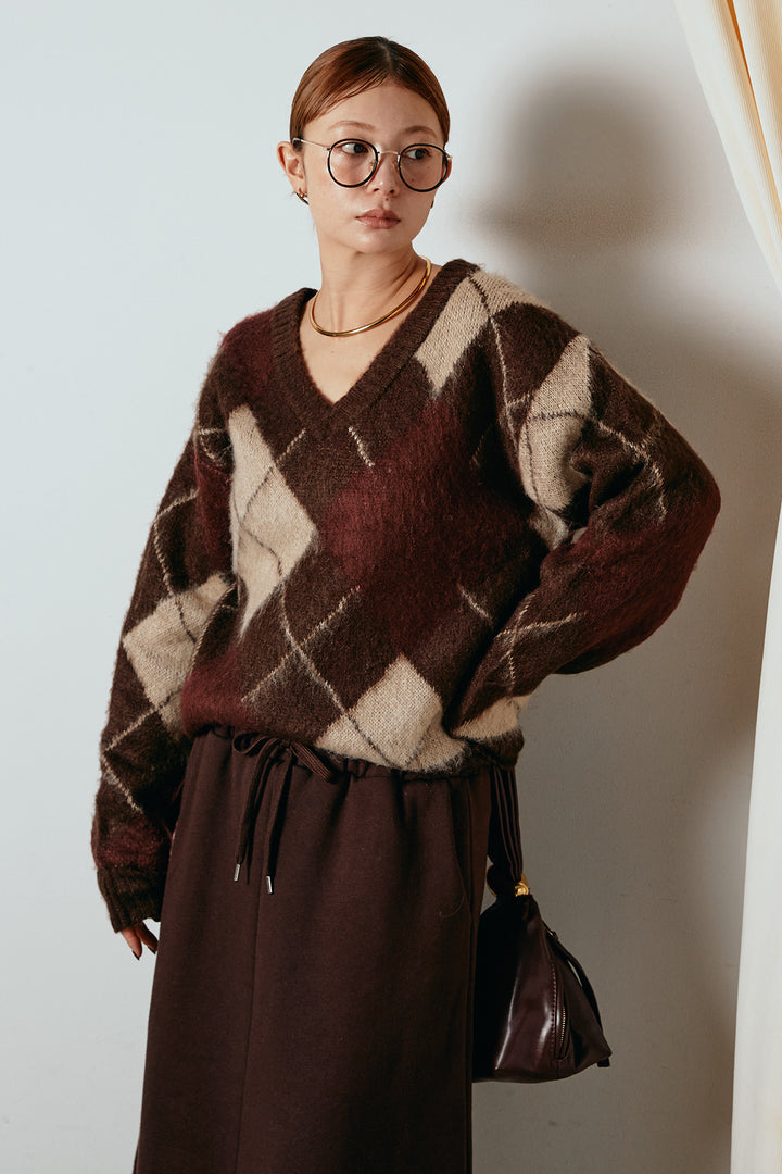 [SET]アクリルモヘアアーガイルVネックプルオーバー+裏起毛スウェットロングマキシスカート(2set)