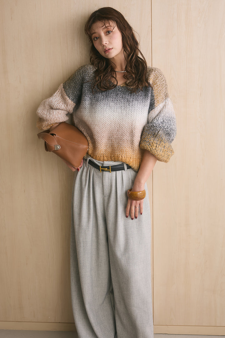 [SET]ミックスグラデーションVネックニット+ゴールドバックルベルト付きタックワイドパンツ(2set)