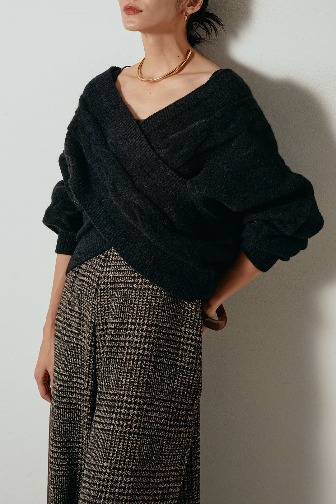 [SET]ケーブルカシュクールニットトップス+前後2wayグレンチェック柄スカーチョサロペット(2set)