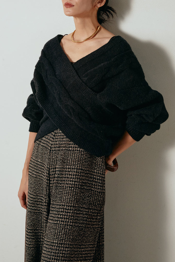 [SET]ケーブルカシュクールニットトップス+前後2wayグレンチェック柄スカーチョサロペット(2set)