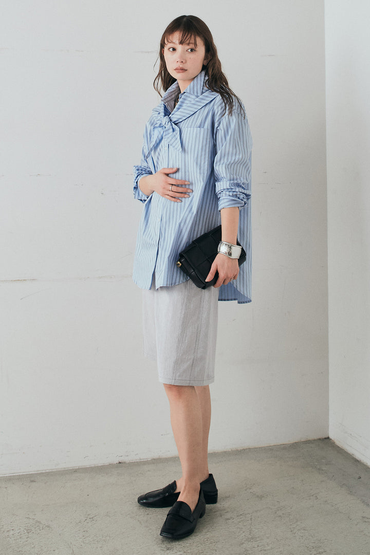 [SET]ランダムストライプスカーフ付きシャツ+デニムハーフパンツ(2set)