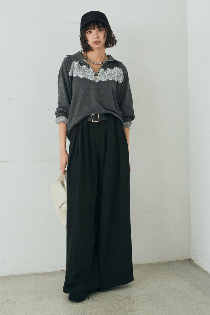 [SET]リバーレースハーフジップ裏毛スウェット+ベルト付きタックデザインハイウエストロングパンツ(2set)