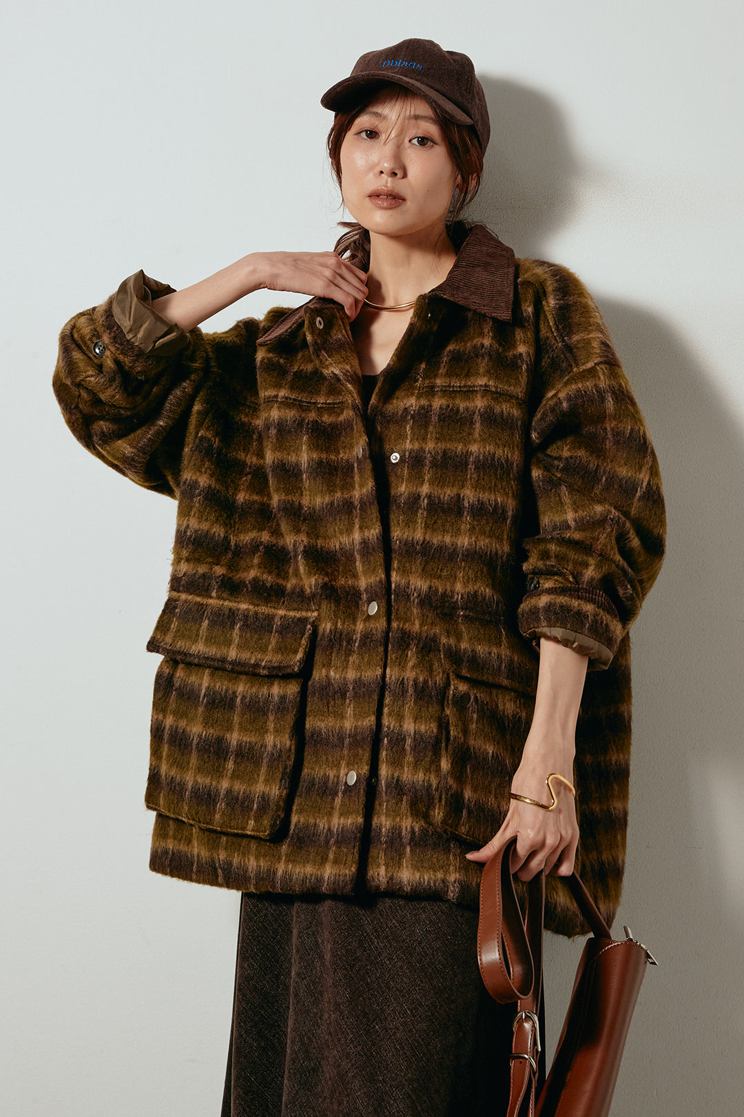 [SET]チェックシャギーミドルカバーオール+スウェードライクロングスカート(2set)