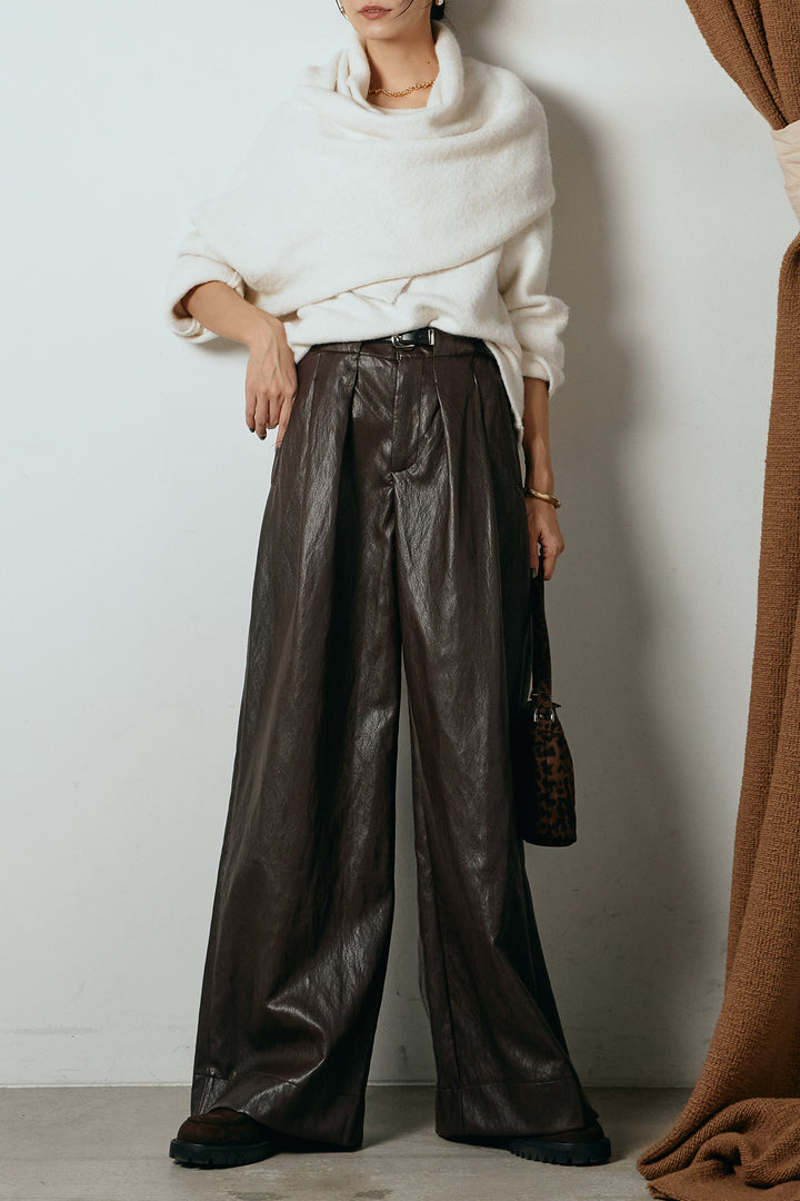 [SET]ネック巻きデザインニットトップス+ベルト付きレザーライクタックパンツ(2set)