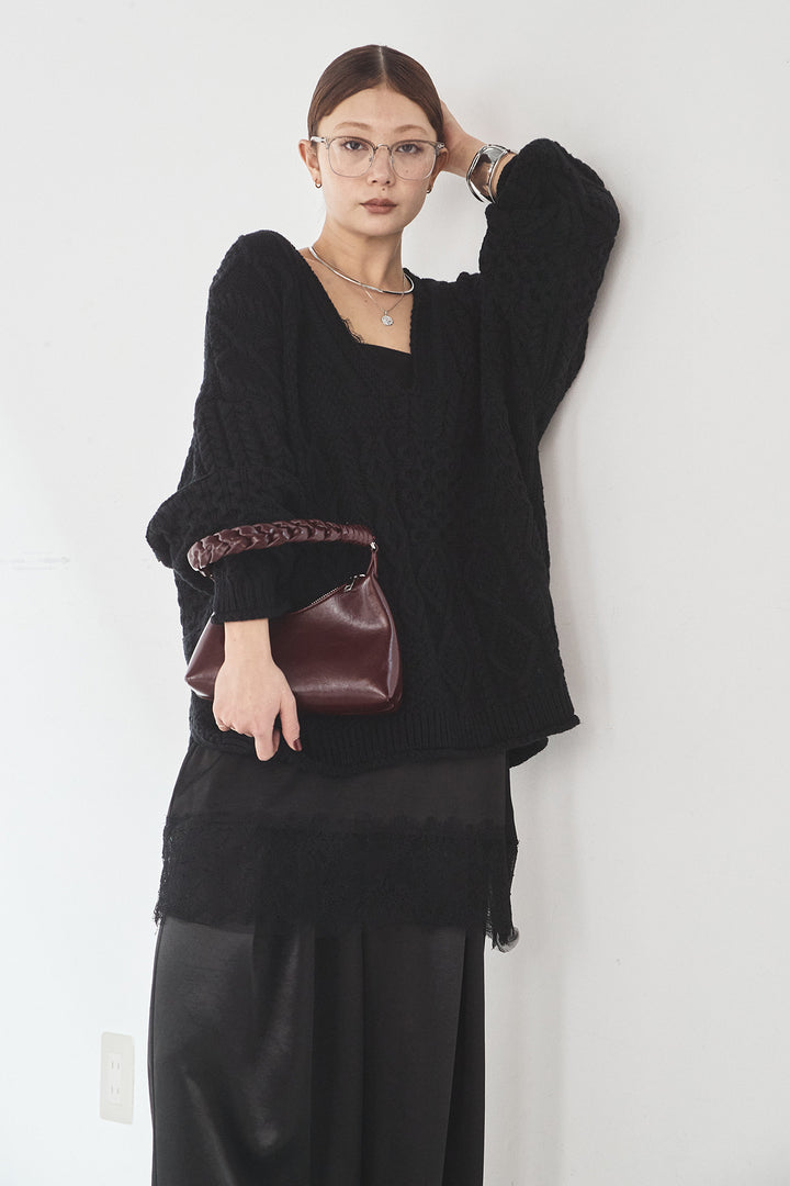 [SET]ケーブルVニットセーター+サテンタックワイドパンツ(2set)