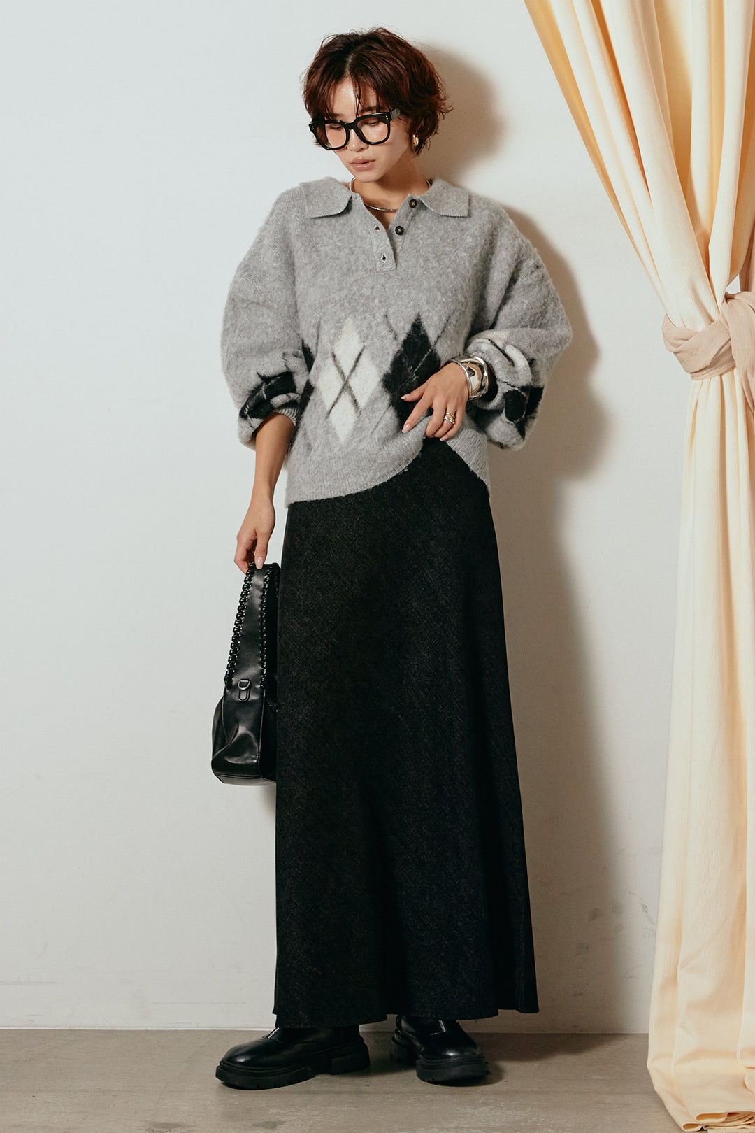 [SET]アーガイル柄ポロニットトップス+スウェードライクロングスカート(2set)