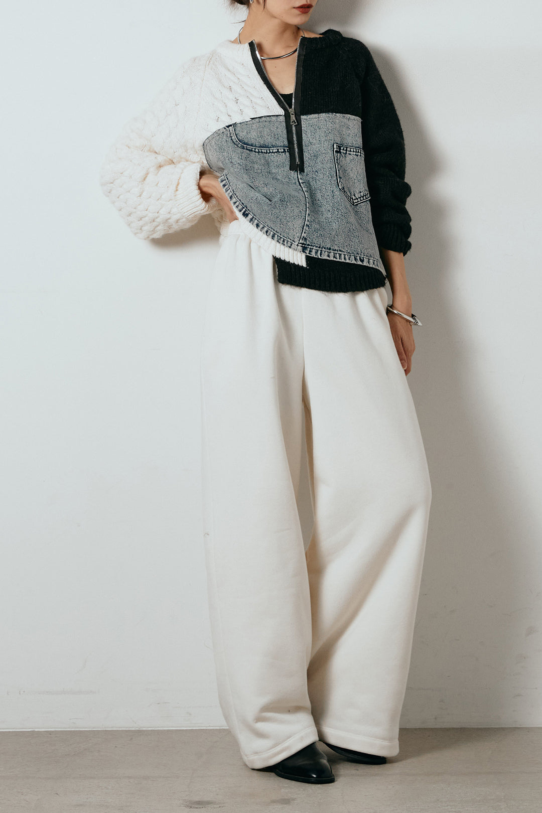 [SET]ハーフジップニットデニムドッキングトップス+裏起毛スウェットワイドパンツ(2set)