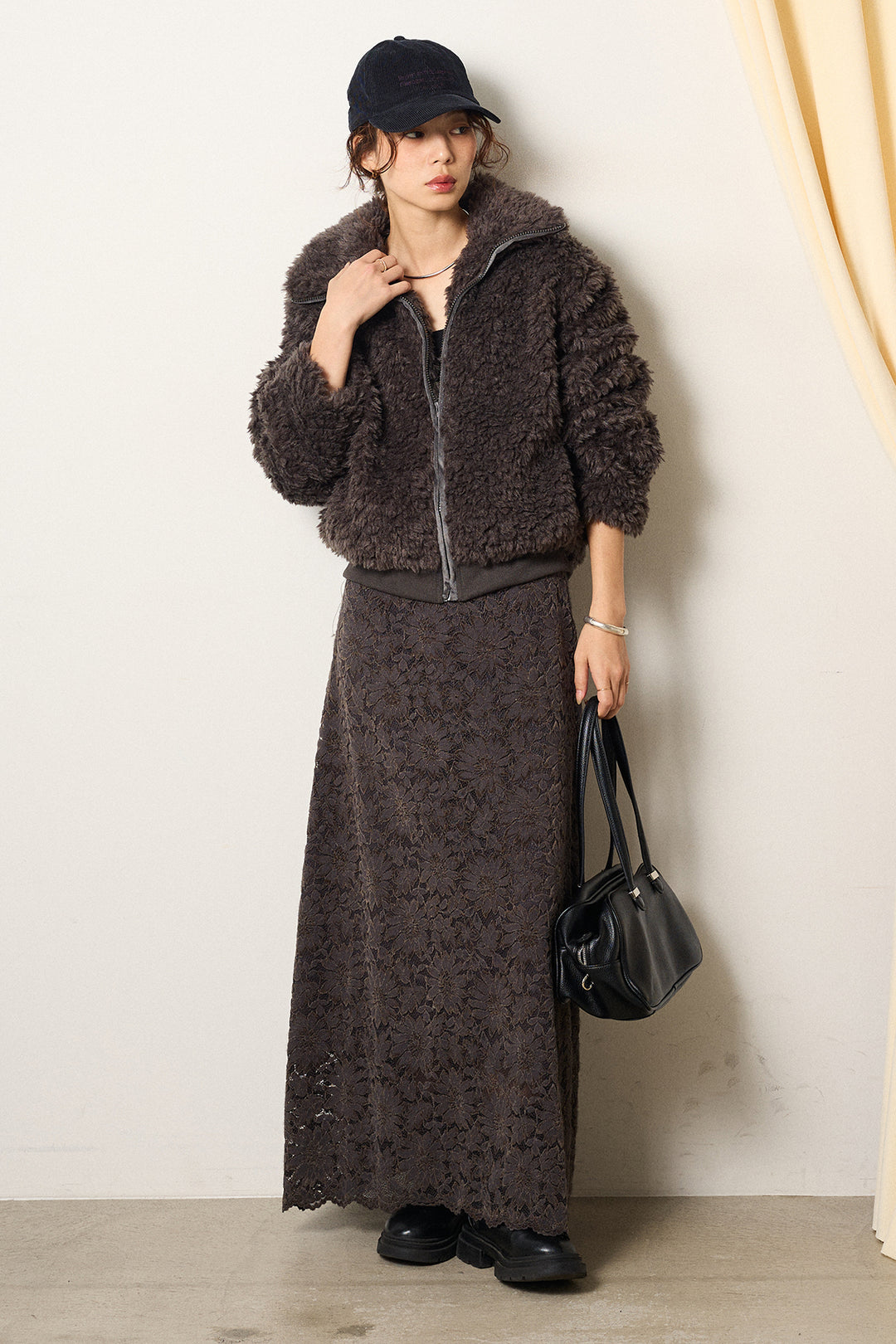 [SET]スタンドカラー裾リブボアブルゾン+花柄刺繍ベロアフレアスカート(2set)