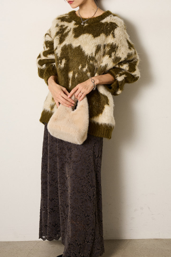 [SET]モヘアタッチマーブルニット+花柄刺繍ベロアフレアスカート(2set)