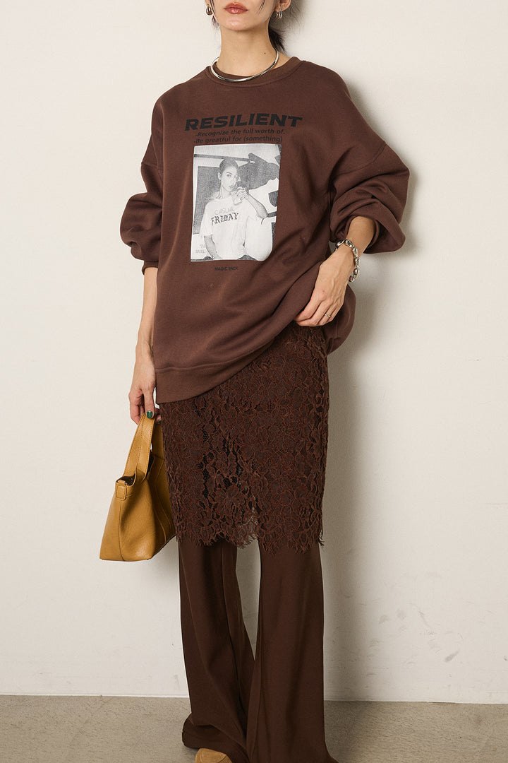 [SET]モノトーンプリントスウェット+レース刺繍レイヤードフレアパンツ(2set)