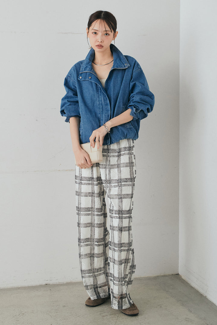 [SET]スタンドカラーデニムブルゾンジャケット+レースチェックワイドイージーパンツ(2set)