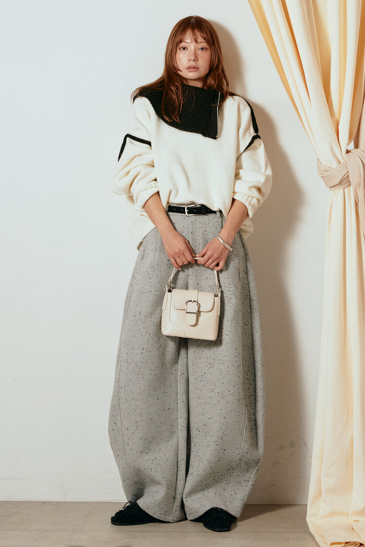 [SET]ハイネックジップデザインニットトップス+ベルト付きネップツイードカーブパンツ(2set)