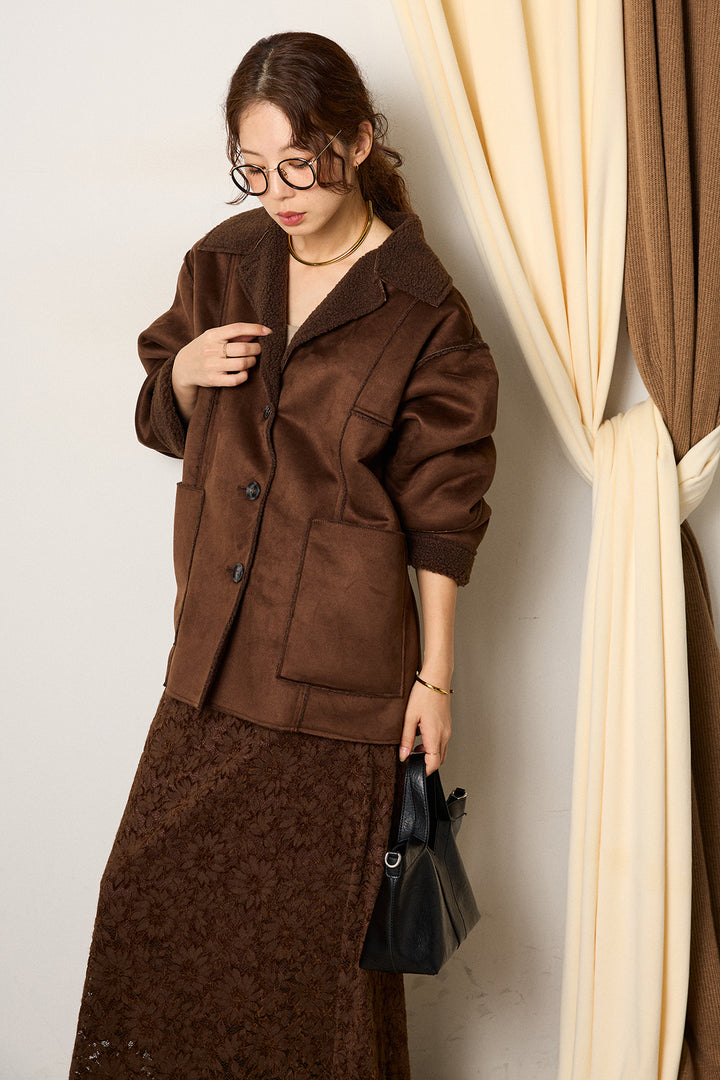 [SET]エコムートンカバーオール+花柄刺繍ベロアフレアスカート(2set)