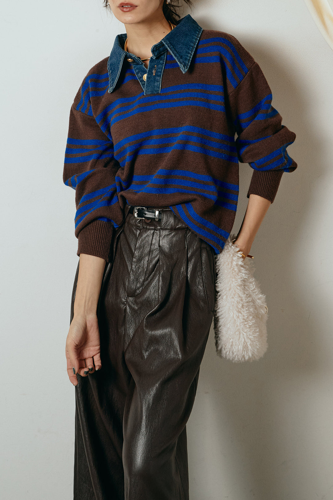 [SET]デニムレイヤード風ランダムボーダーニットプルオーバー+ベルト付きレザーライクタックパンツ(2set)