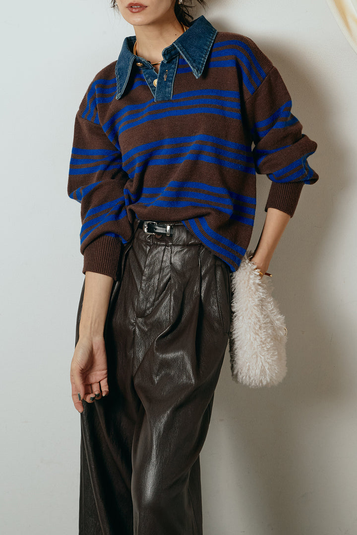 [SET]デニムレイヤード風ランダムボーダーニットプルオーバー+ベルト付きレザーライクタックパンツ(2set)