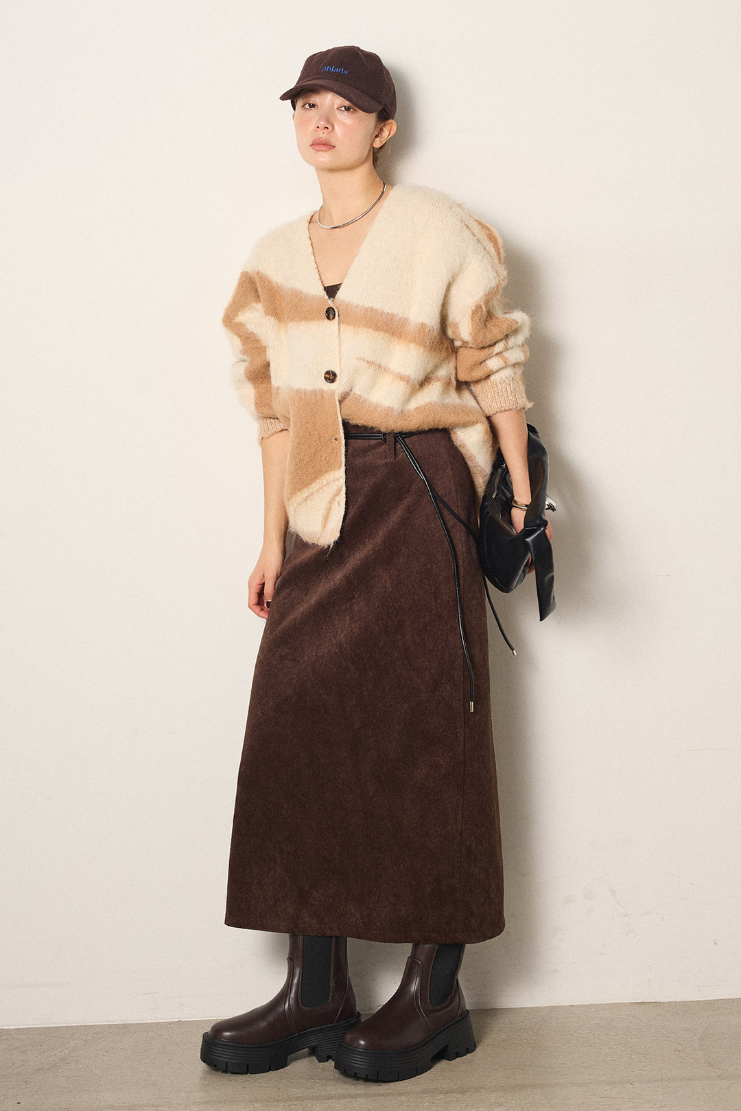 [SET]アクセントブラッシュドカーディガン+ロープベルト付きスウェード調スカート(2set)