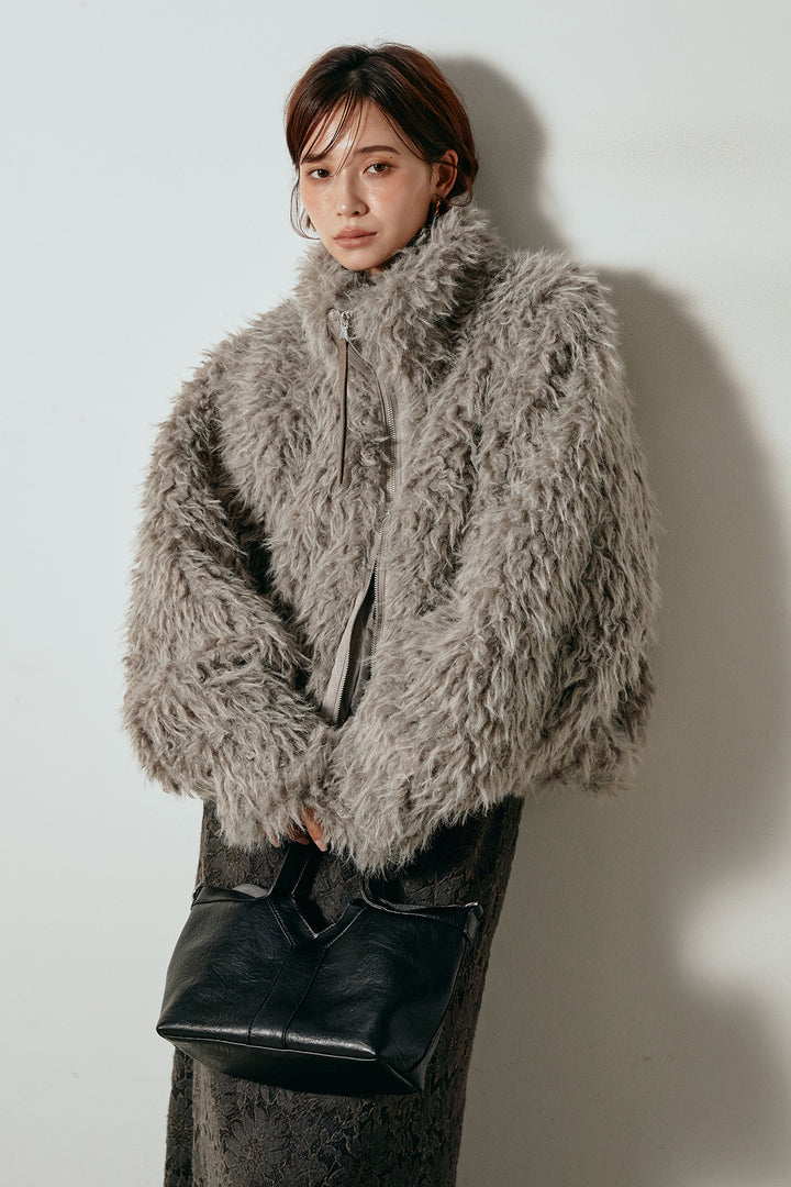 [SET]ミックスシープファースタンドブルゾン+花柄刺繍ベロアフレアスカート(2set)