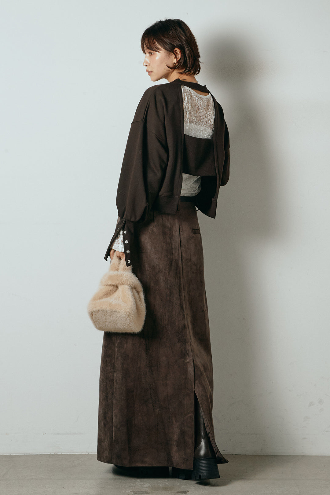 [SET]裏毛バックオープンプルオーバー+エコスウェードワイドスカート(2set)