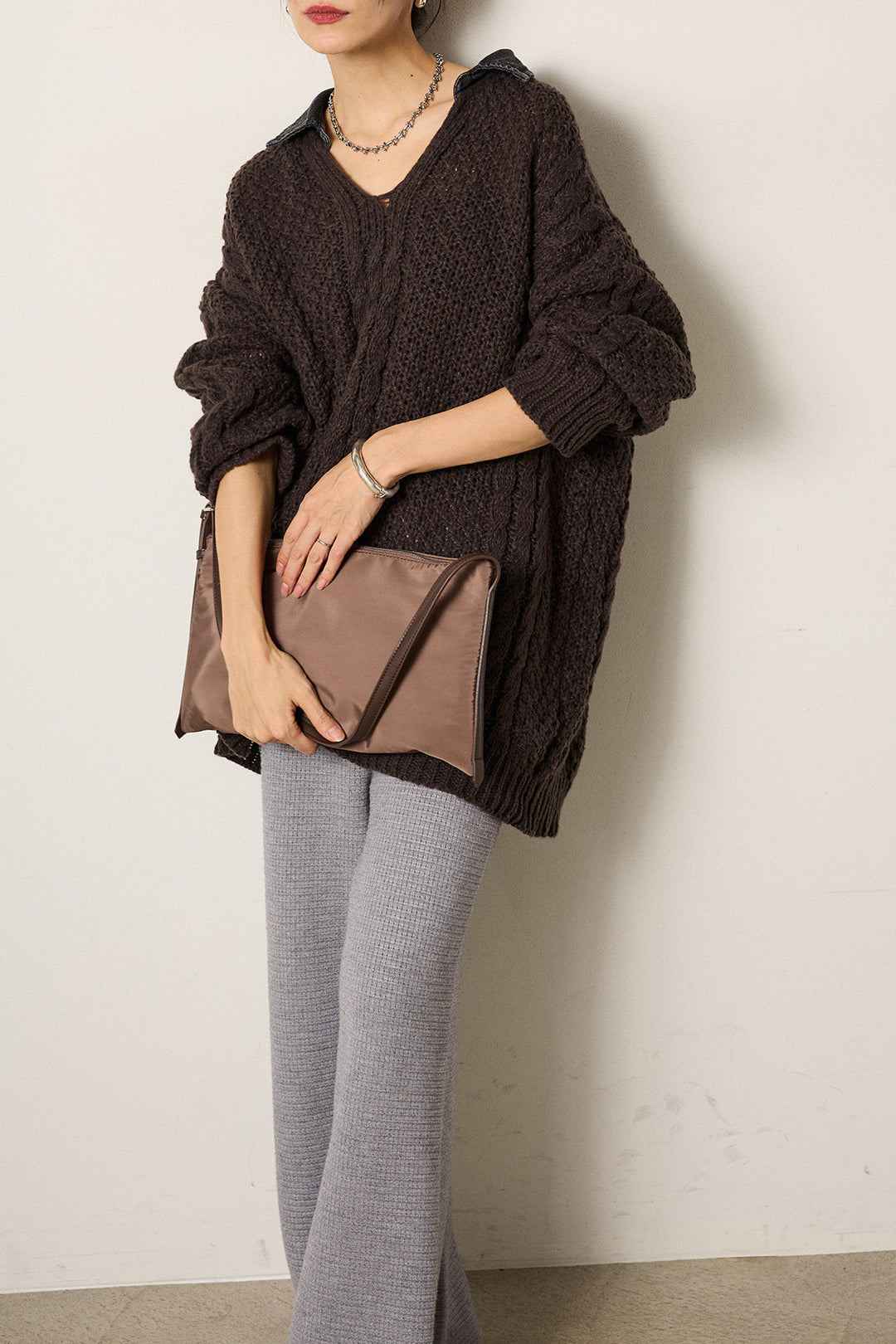 [SET]デニムカラーケーブルオーバーニット+ワイドリブニットイージーパンツ(2set)