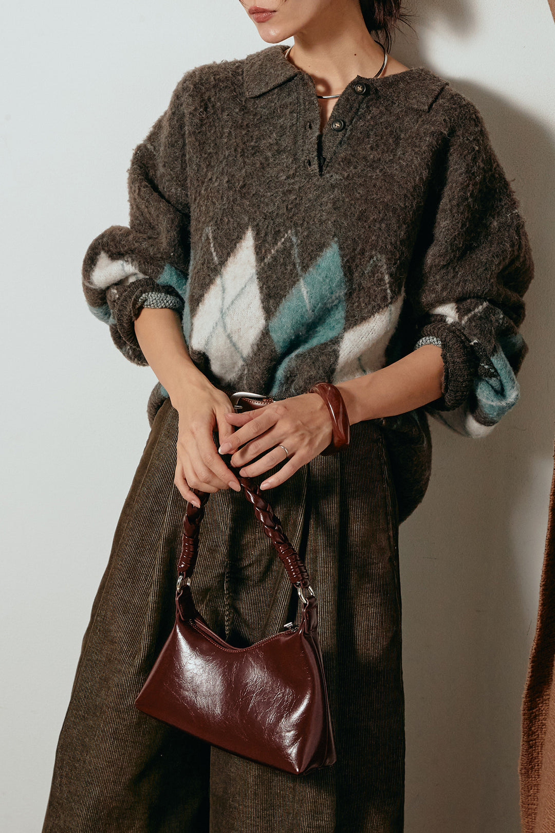 [SET]アーガイル柄ポロニットトップス+フロントタック入りコーデュロイパンツ(2set)