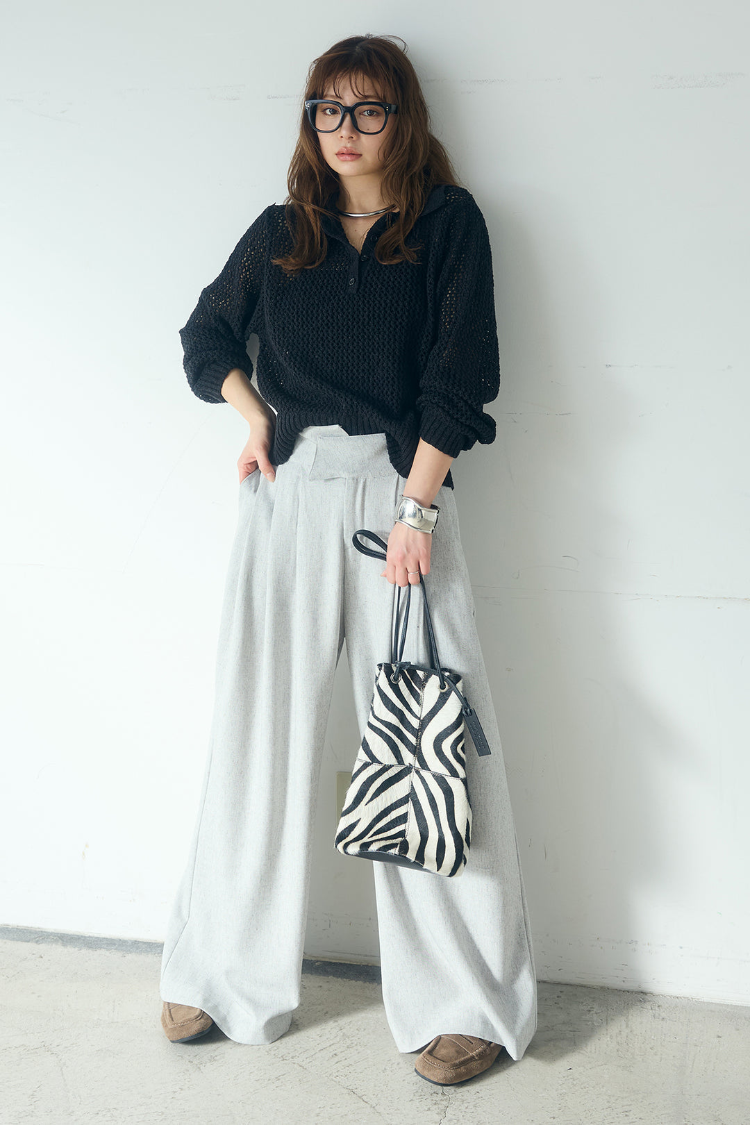 [SET]ミックスメッシュポロニット+麻混タックワイドパンツ(2set)