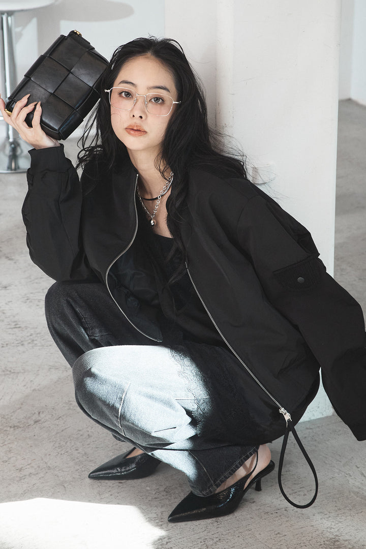 [SET]袖ギャザーデザインブルゾン+デニムアシメカーブパンツ(2set)