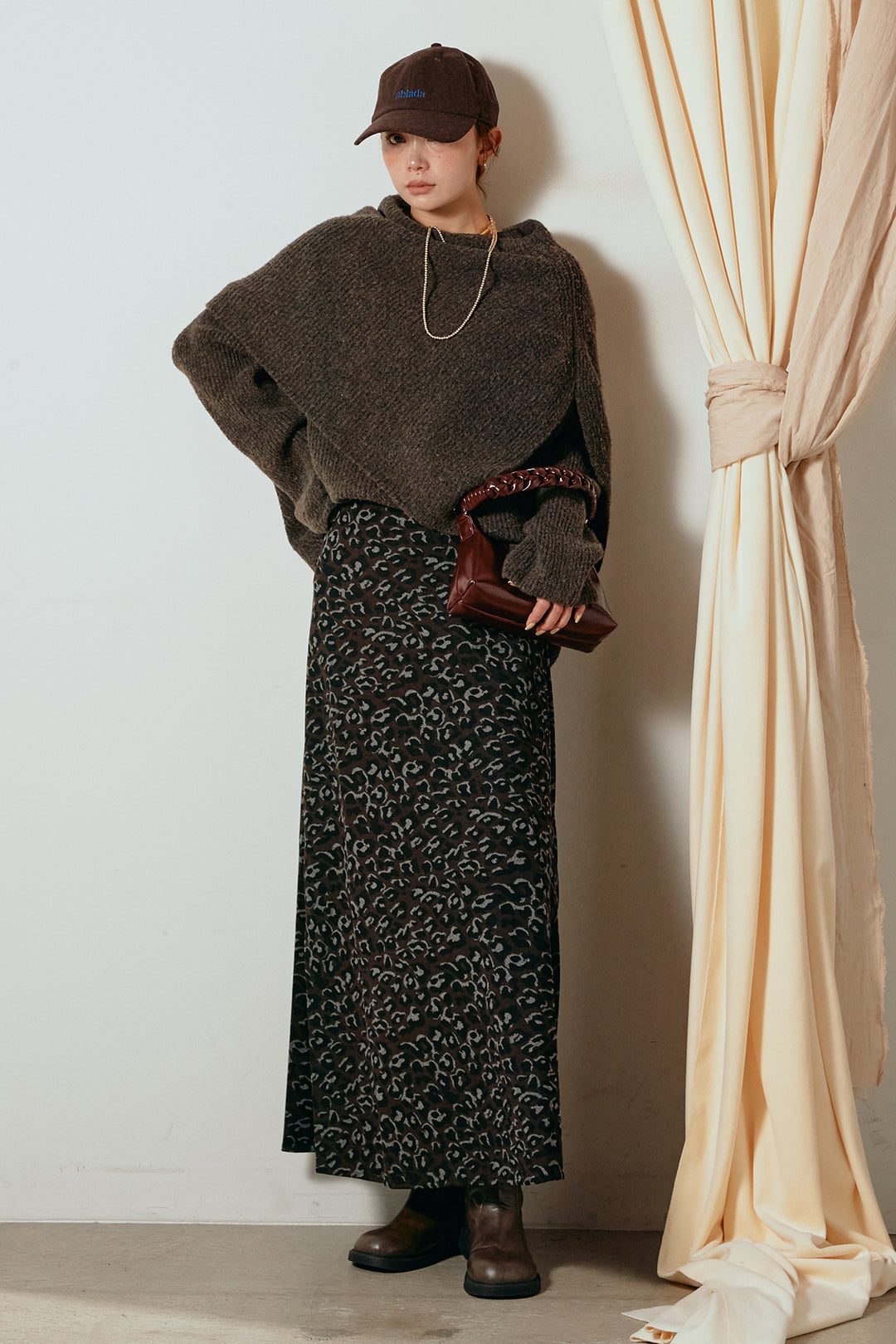 [SET]ケープデザインリブニットトップス+レオパードロングスカート(2set)