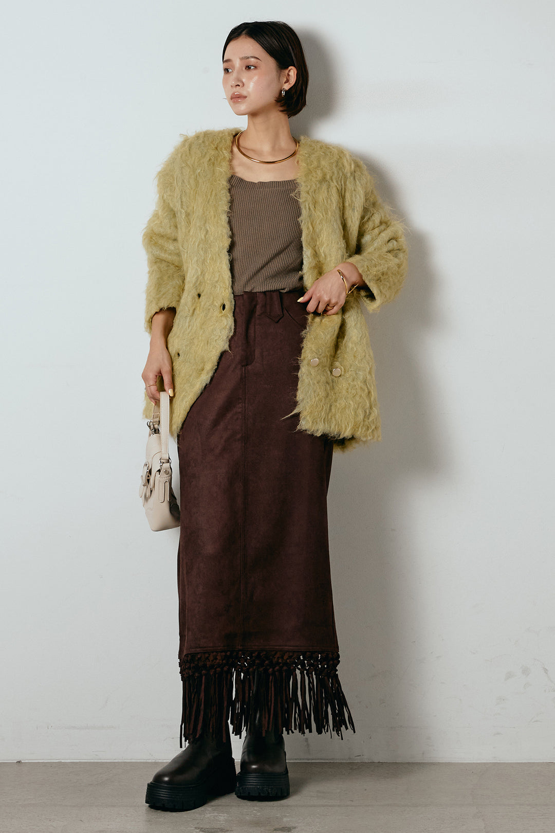 [SET]ウェーブシャギーニットジャケット+スウェードライク裾フリンジスカート(2set)