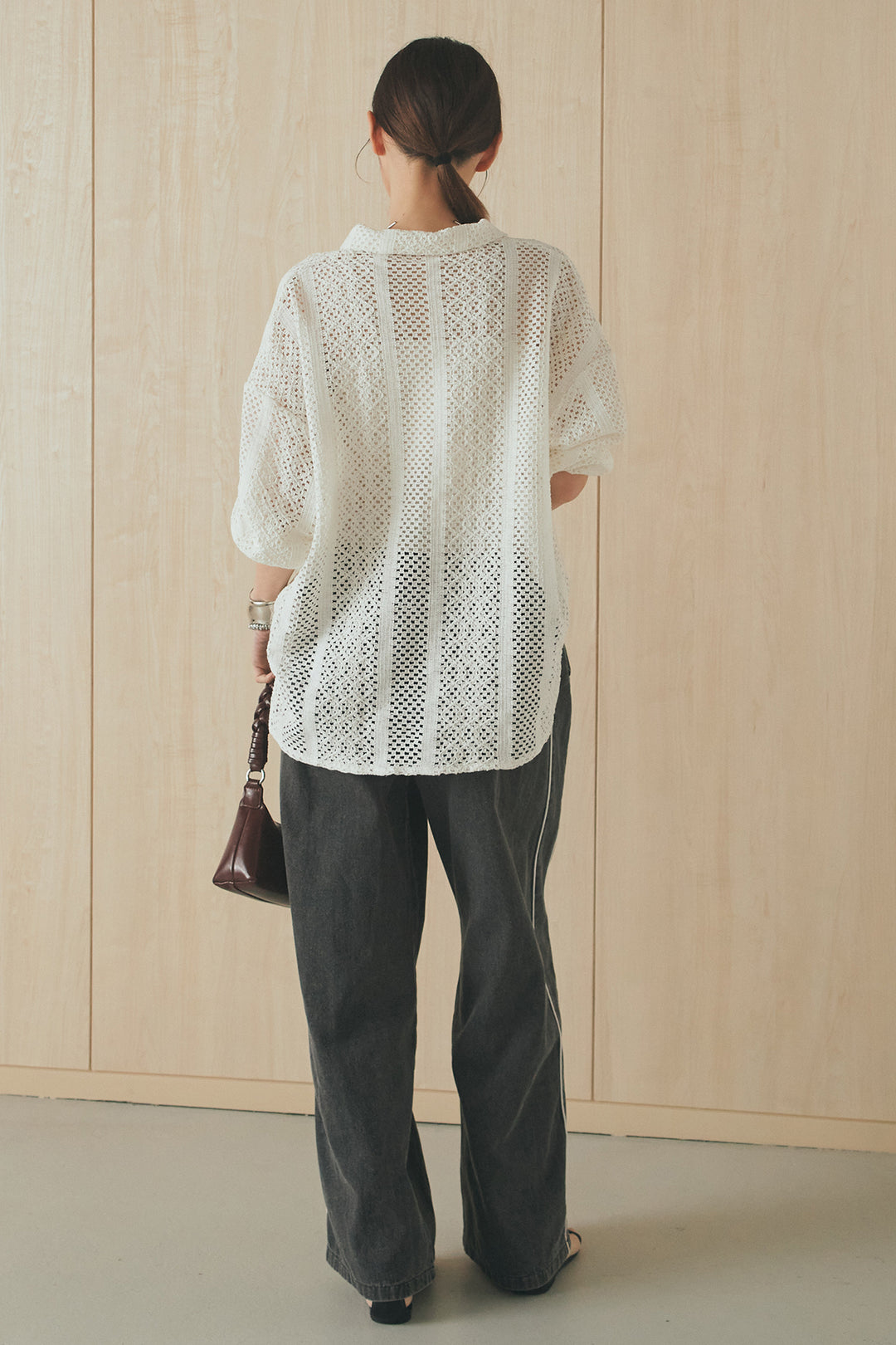 [SET]長袖襟付きレースシャツ+ドロストサイドラインデニムパンツ(2set)