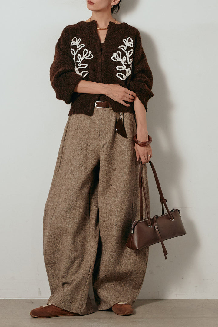 【即納】ベルト付きネップツイードカーブパンツ/コーヒー