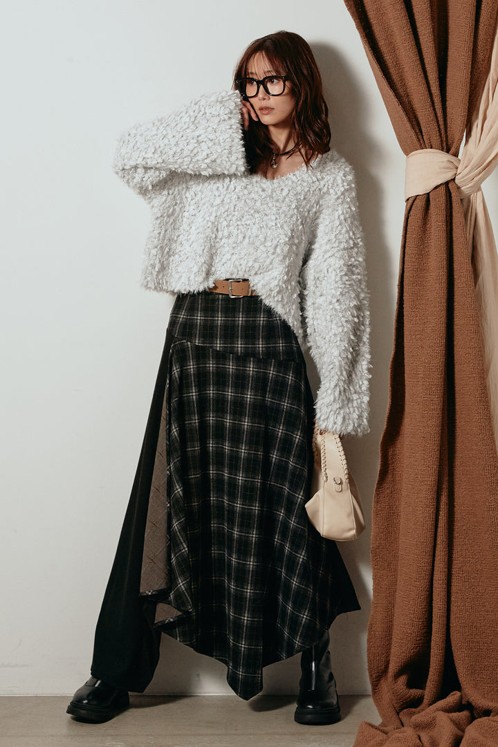 [SET]深Vネックチョウチョヤーンニットトップス+フェイクレザーベルト付き切り替えタータンチェックスカート(2set)